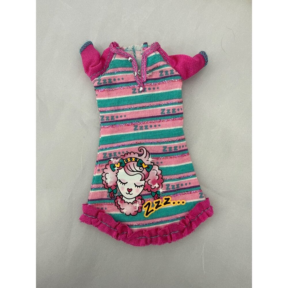 2010 Barbie Stacie Doll Pajamas Slumber Party Pink Teal Striped Lamb Dress